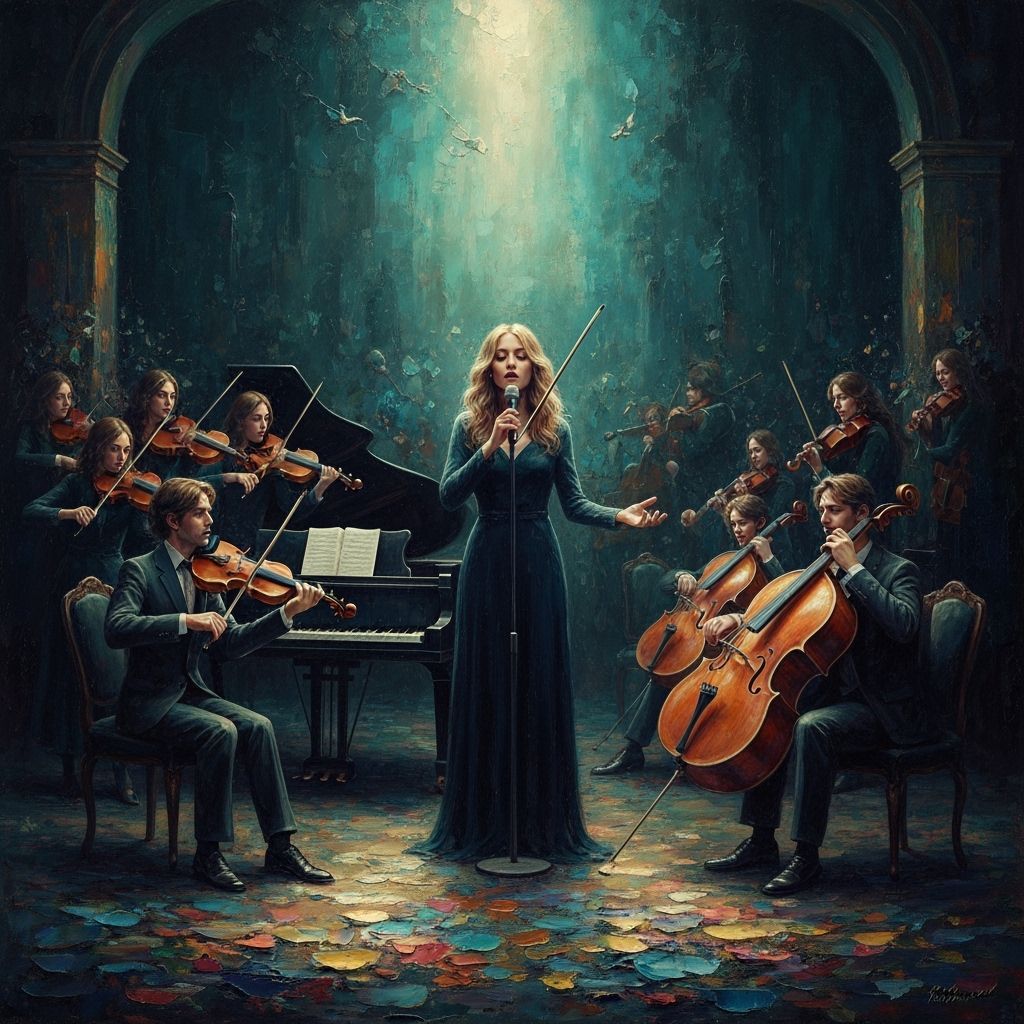 Ethereal Vocalist in Mystical Orchestral Scene