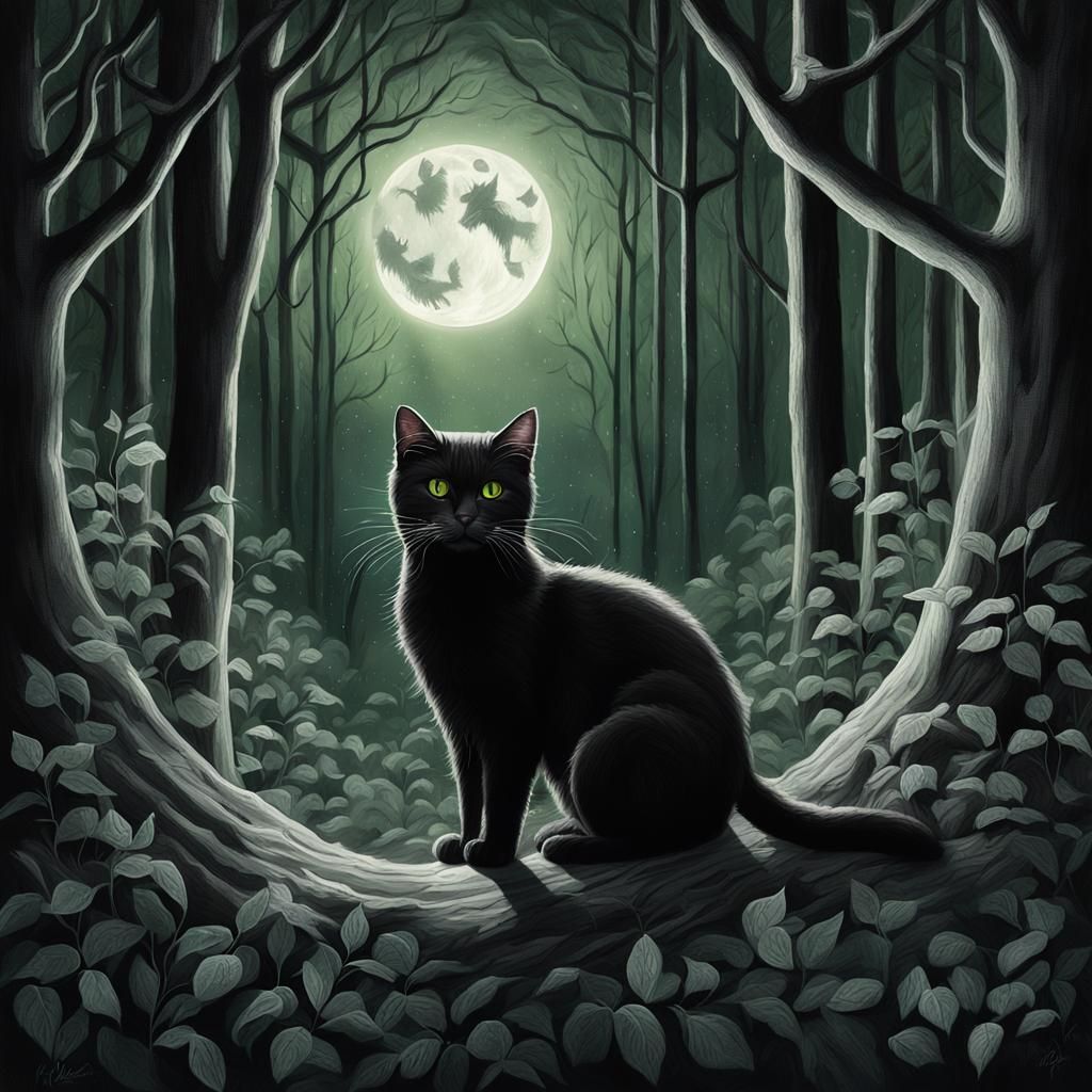Black Cat in Moonlit Forest, as Matte Painting