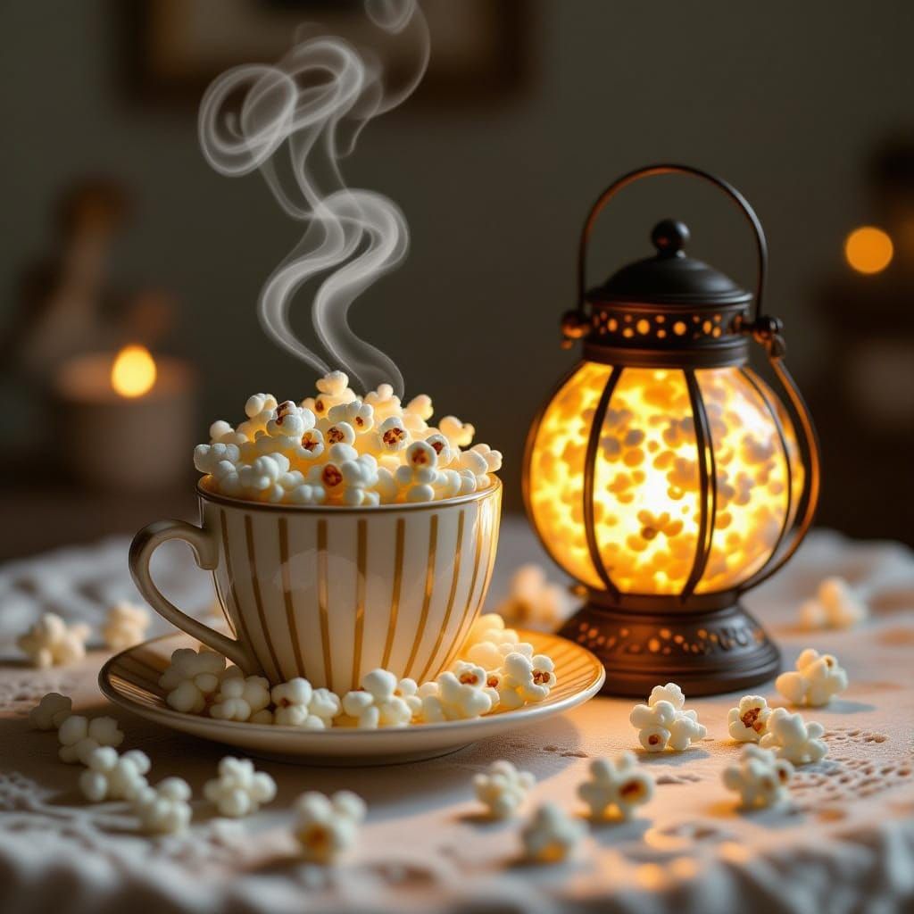 Popcorn Tea Set in Whimsical Food Art Style