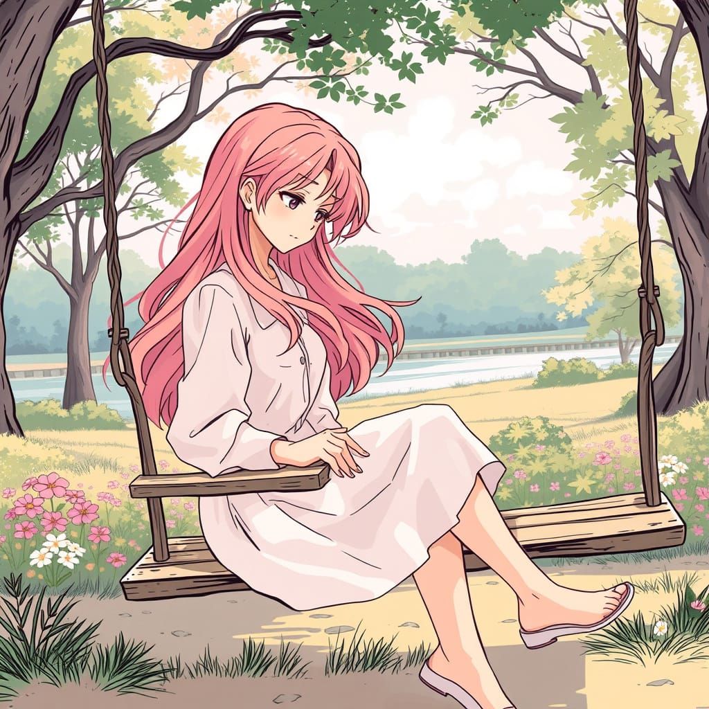 Serene Anime Girl in a Lofi Park Scene