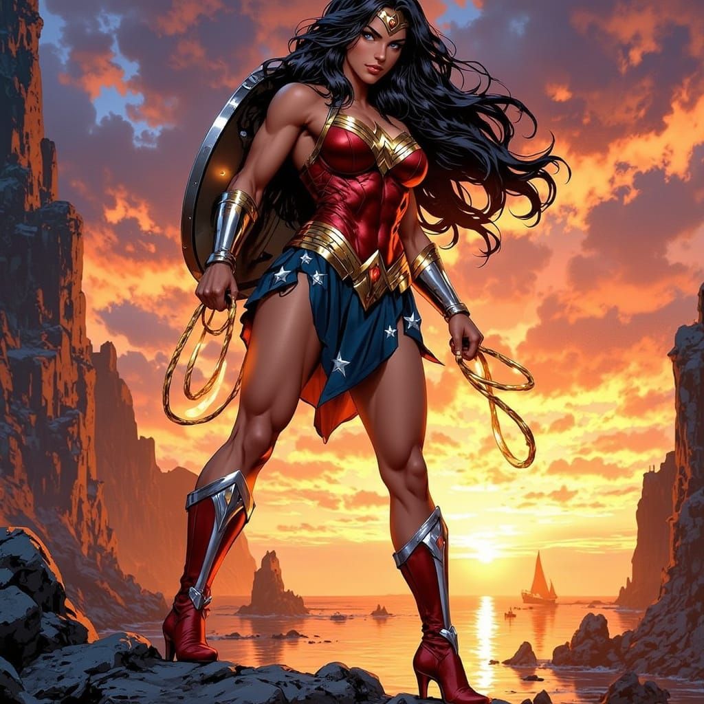 Powerful Woman Superhero on Cliff at Sunset
