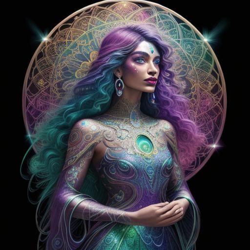 Rainbow Woman with Peacock Feathers in Astral Art