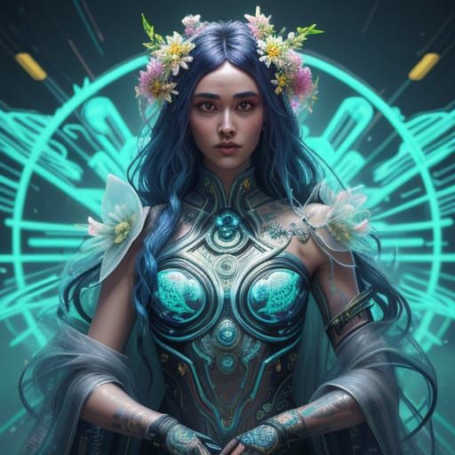 Futuristic Goddess Amidst Neon Flora