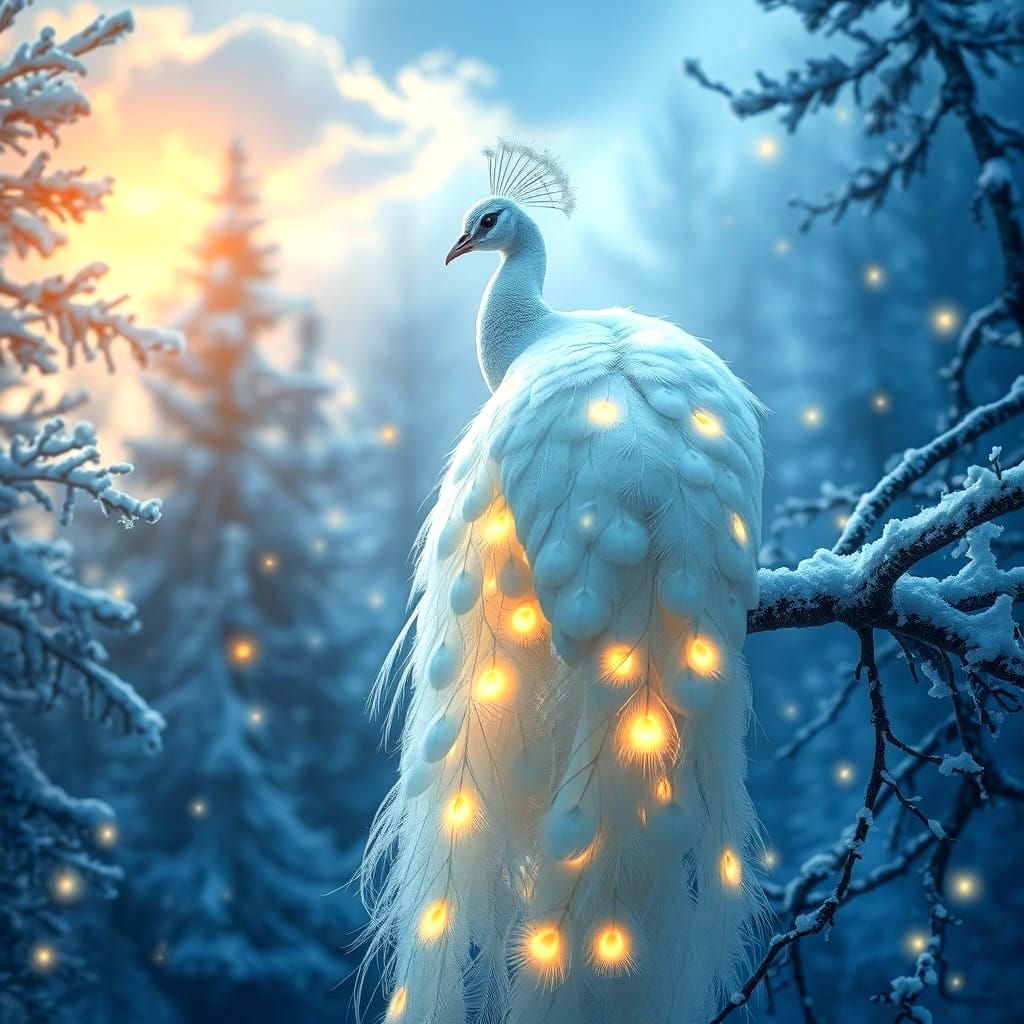 White Peacock in Winter Enchanted Forest