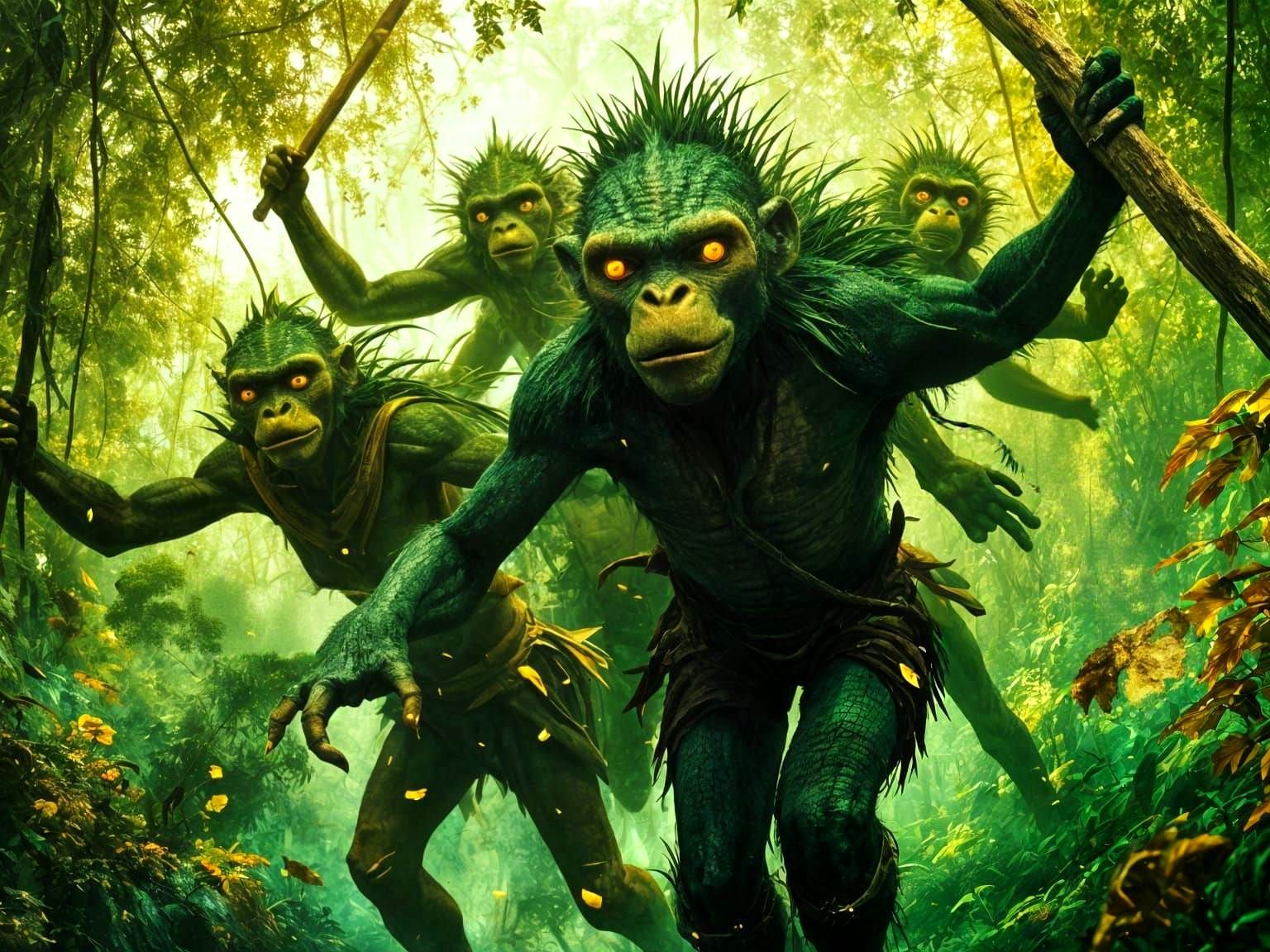 Reptilian Baboons Chase Adventurers Through Jungle