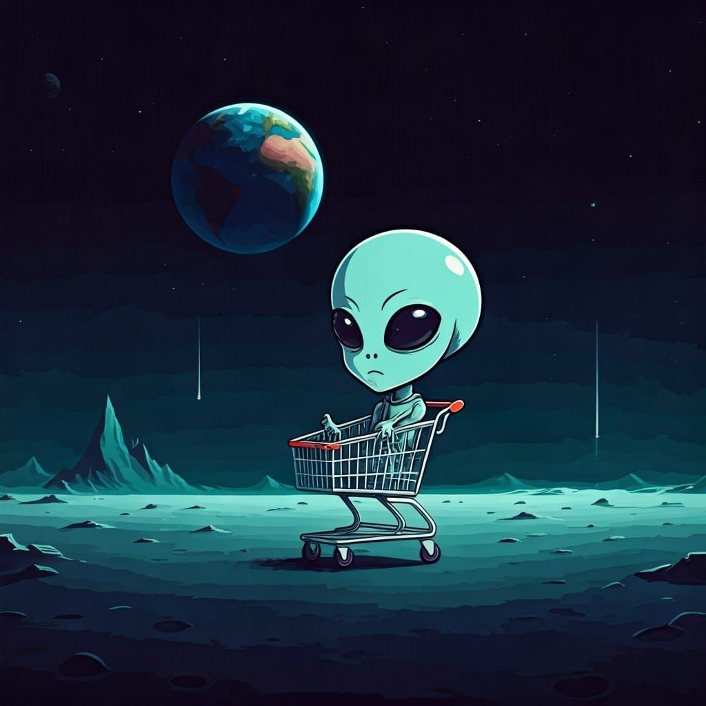 Chibi Alien Stranded on the Moon: Minimalist Vector Art