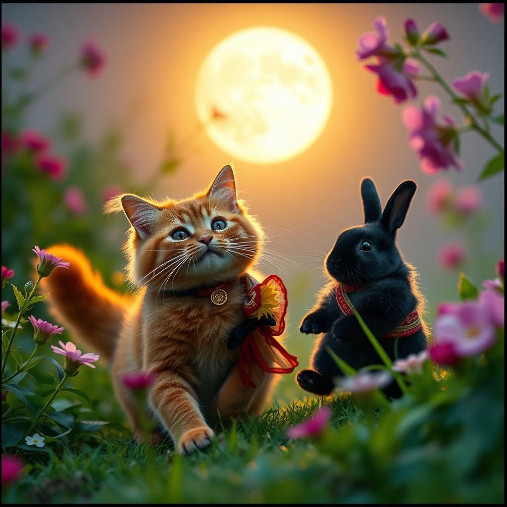Japanese Cat and Thai Rabbit Play Under Moon