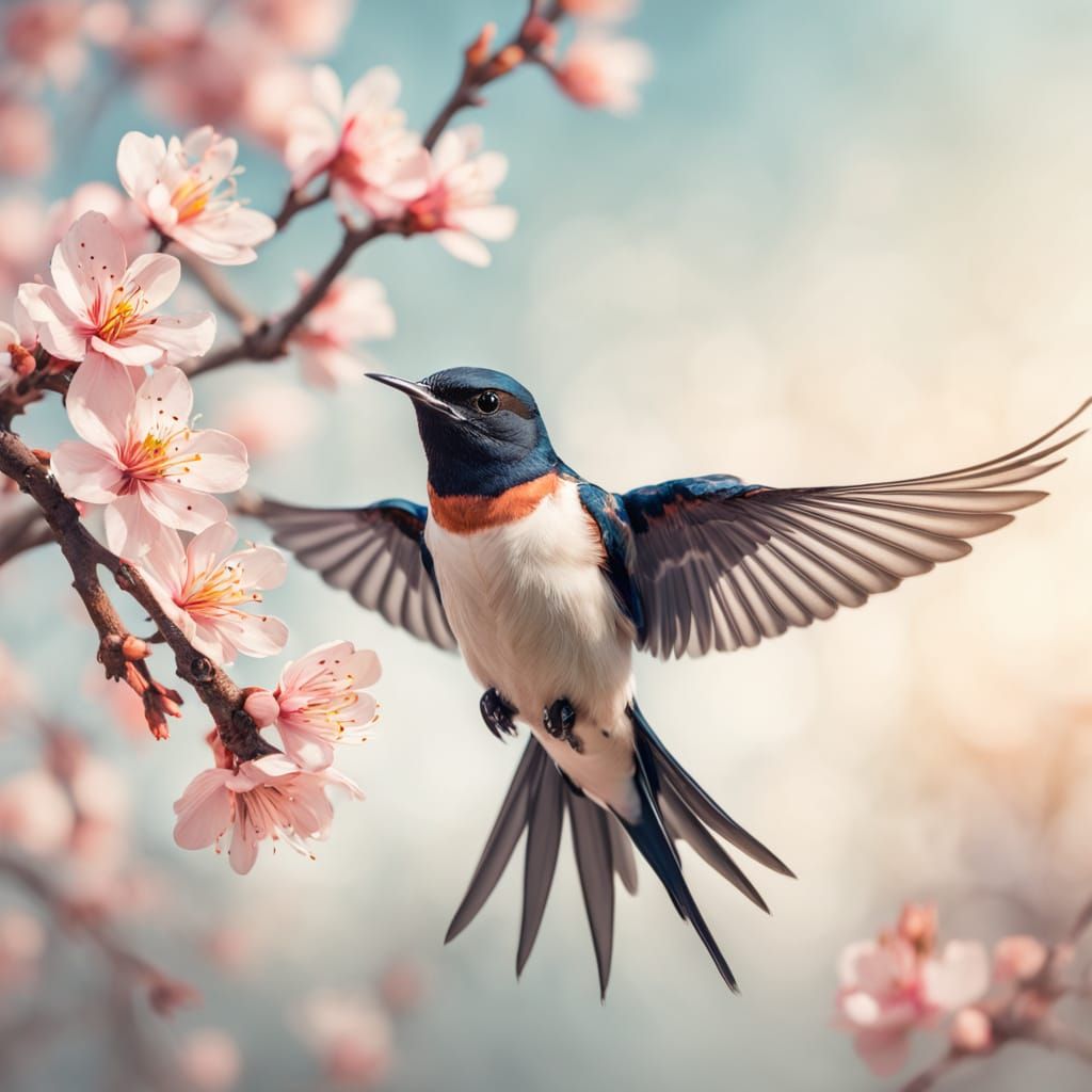 Hyper-Realistic Swallow Amidst Peach Blossoms