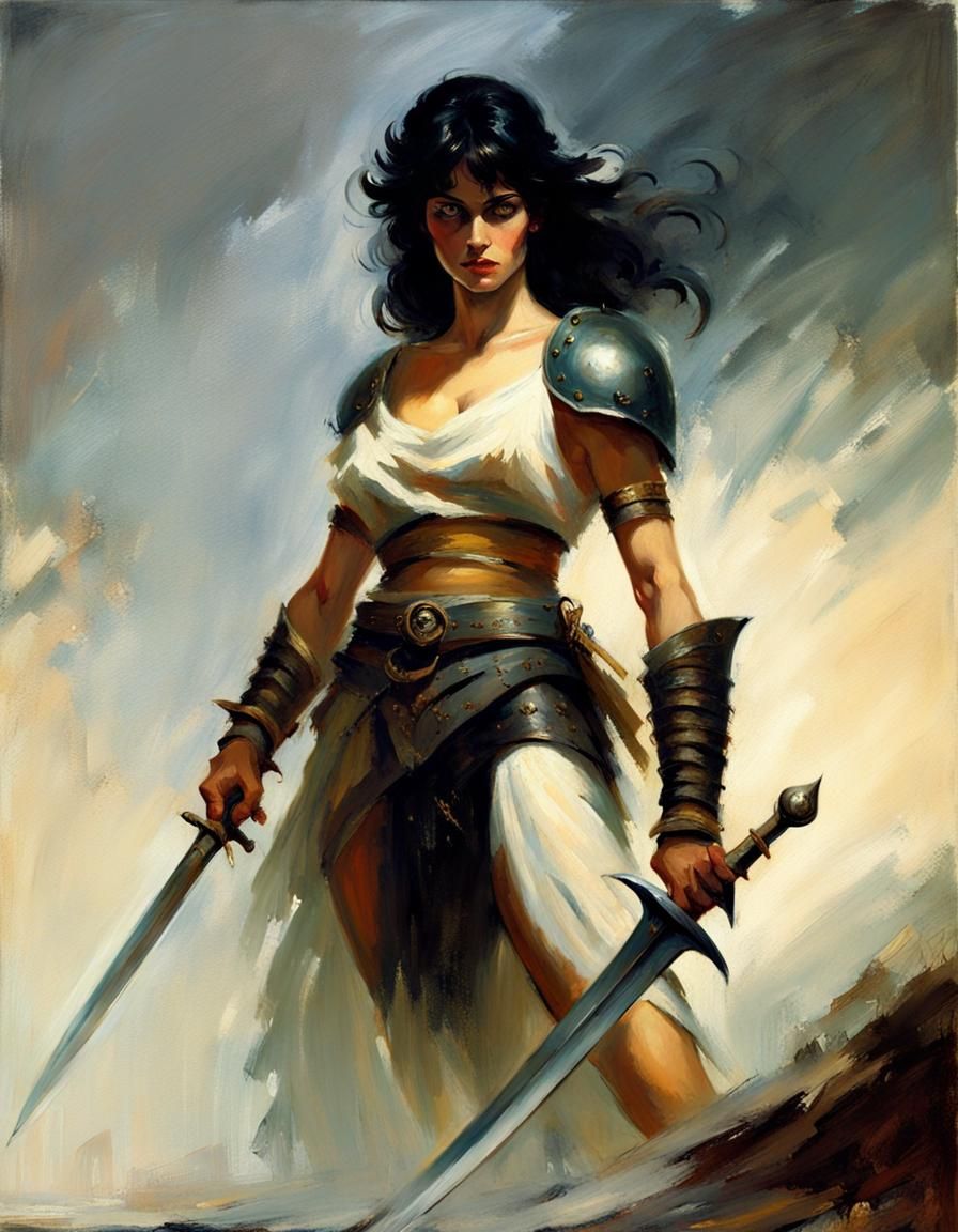 Ethereal Woman Warrior with Scimitar in Oil Painting