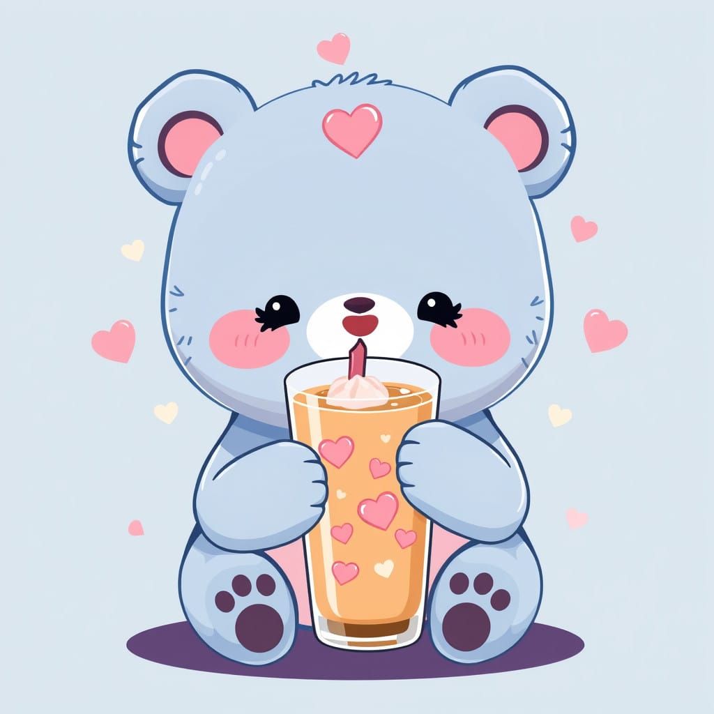 Whimsical Bear Enjoys Iced Coffee in Pastel Paradise