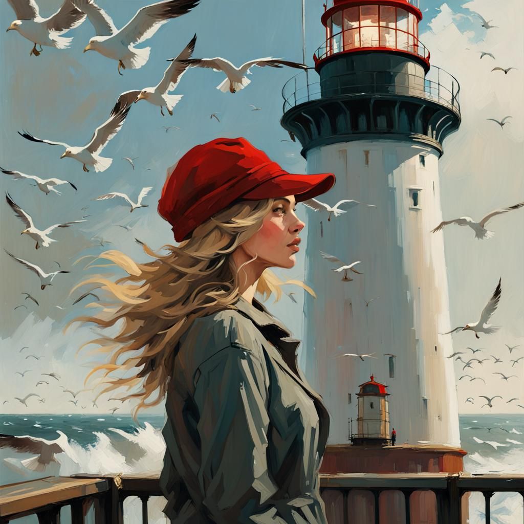 Blonde Woman on Lighthouse Platform as Impasto Painting