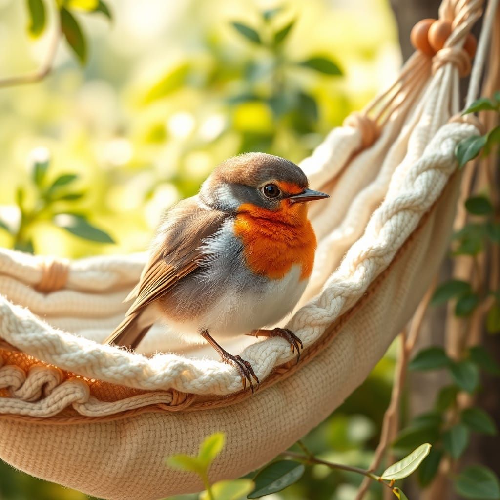A Realistic Robin Perched on a Whimsical Hammock in a Sunny ...