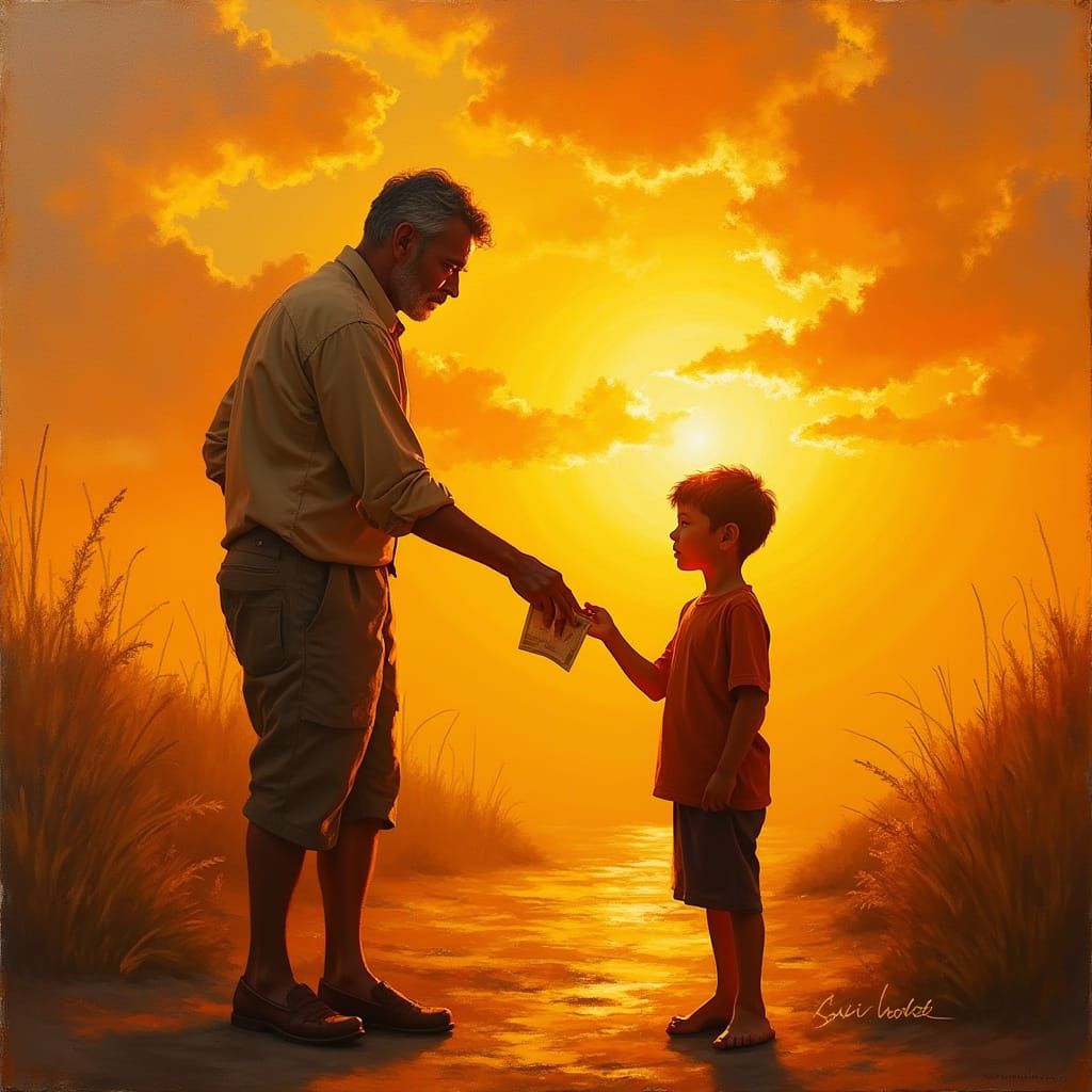 Generous Sunset Scene: Man Gives Money to Boy in Oil Paintin...