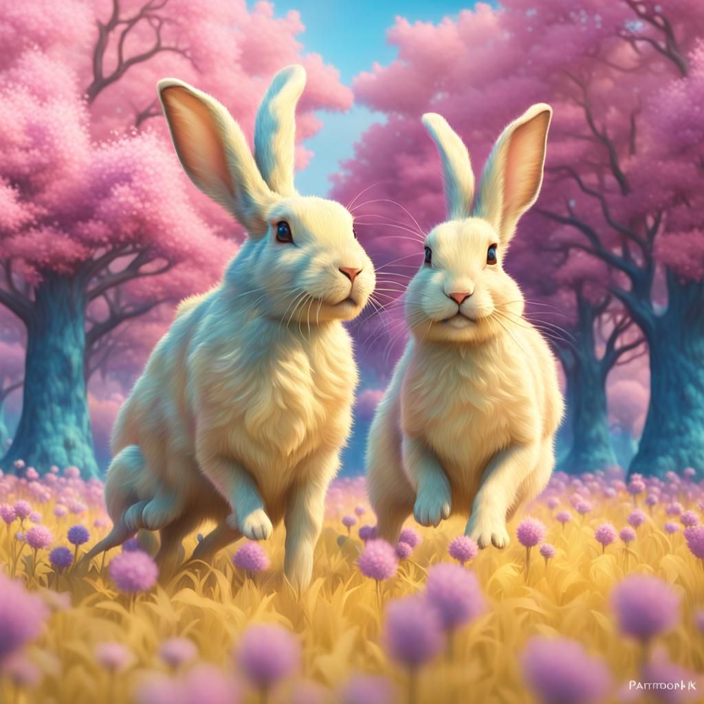 Pastel Bunnies in Pink Meadow, Detailed Digital Art