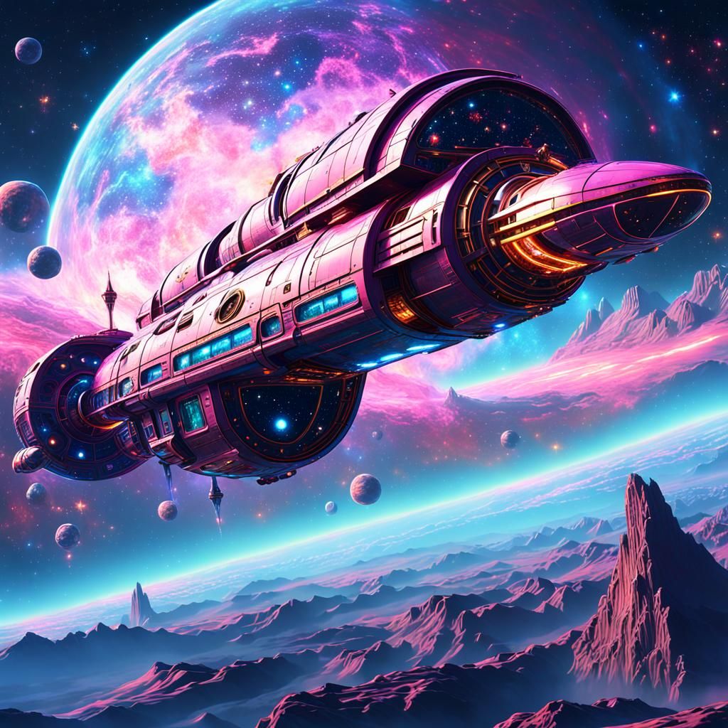 Sleek Spacecraft in Nebula, Synthwave Style