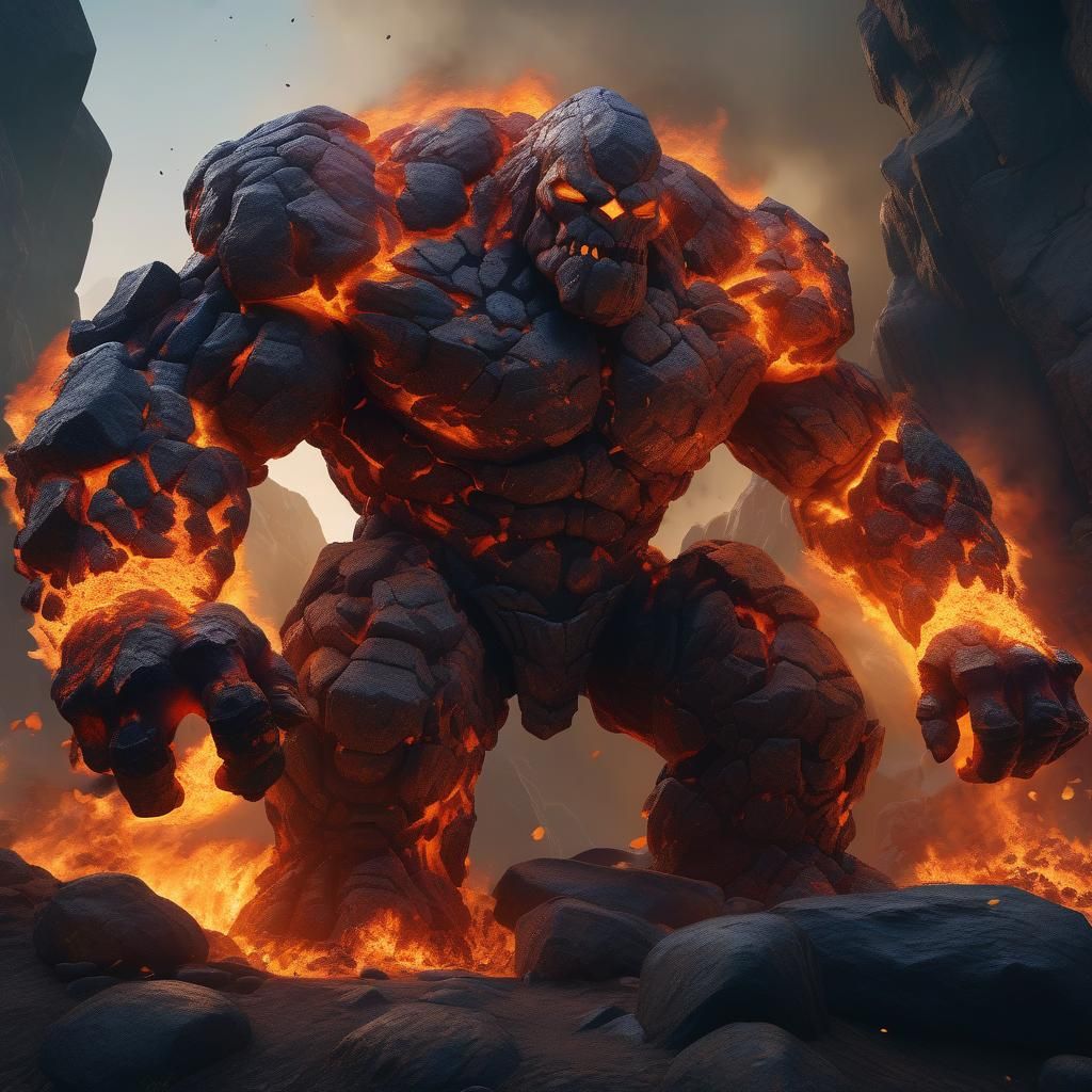 Flaming Boulder Golem Fantasy Concept Art