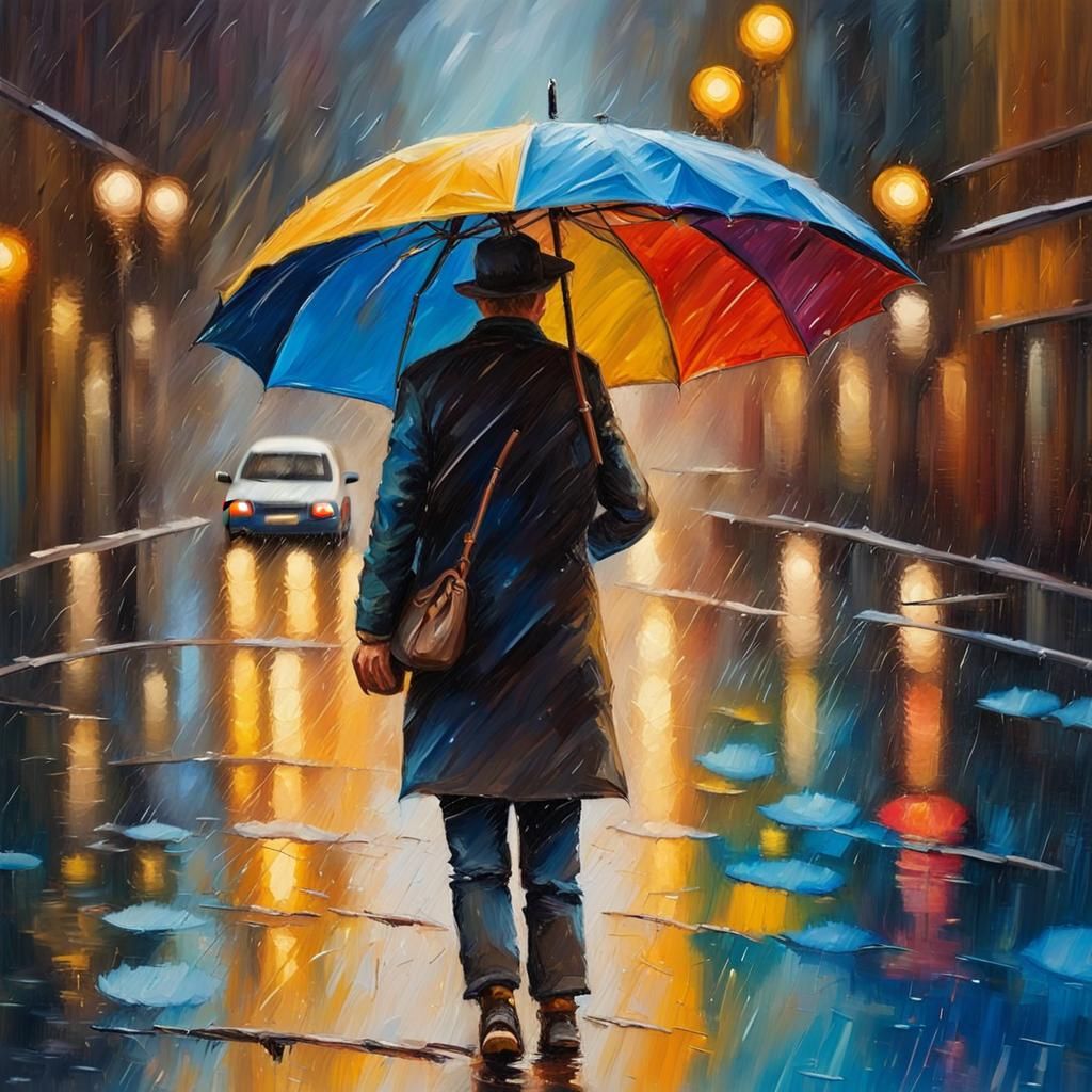 Close-Up Oil Painting of a Colorful Umbrella in Rainy City S...