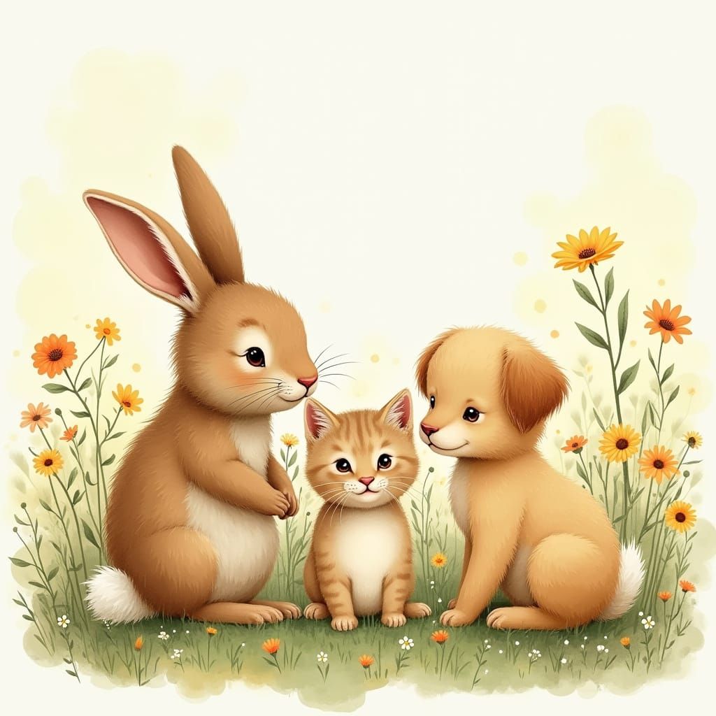 Whimsical Friends Gather in a Sunny Meadow