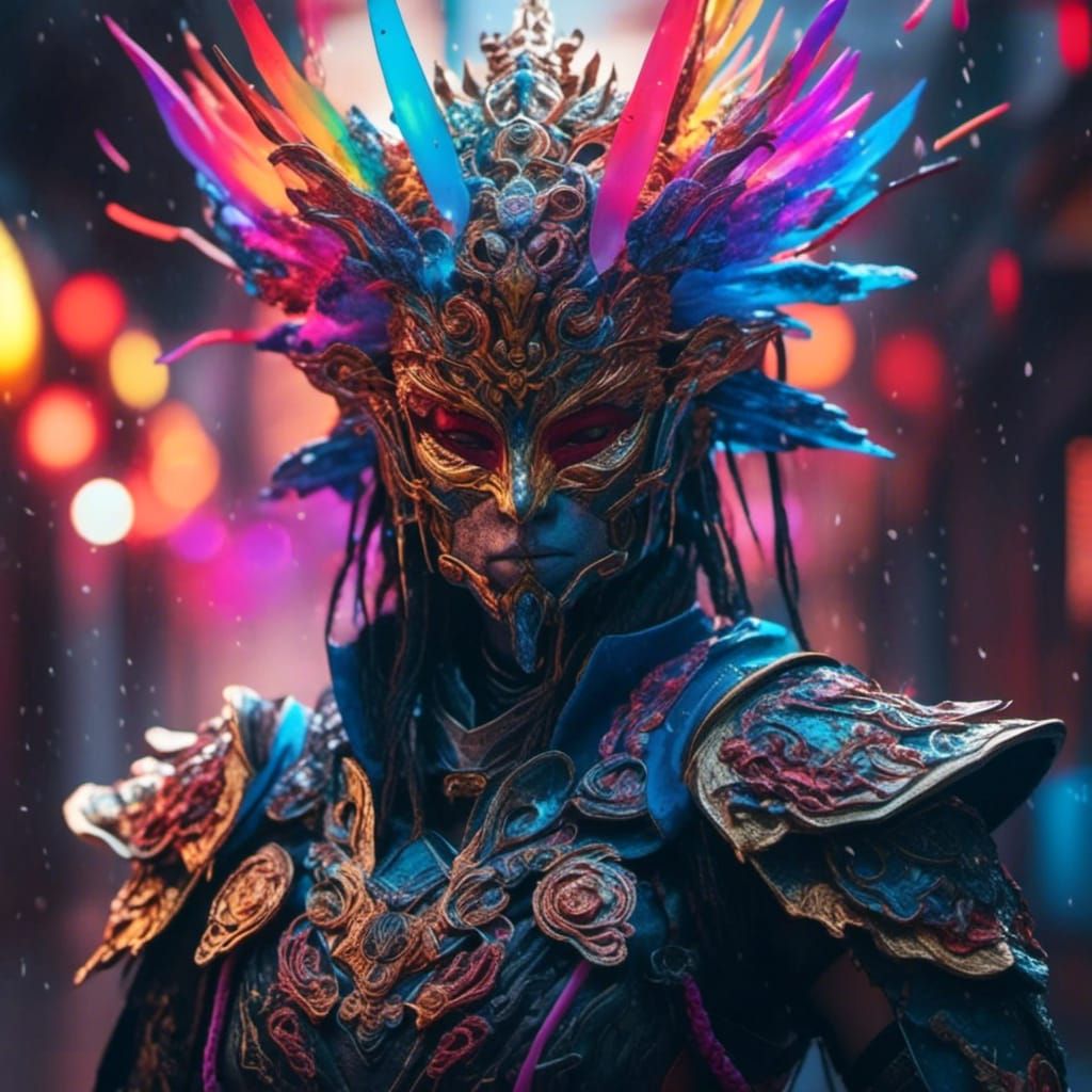 Ethereal Samurai in Rainbow Armor: Digital Art
