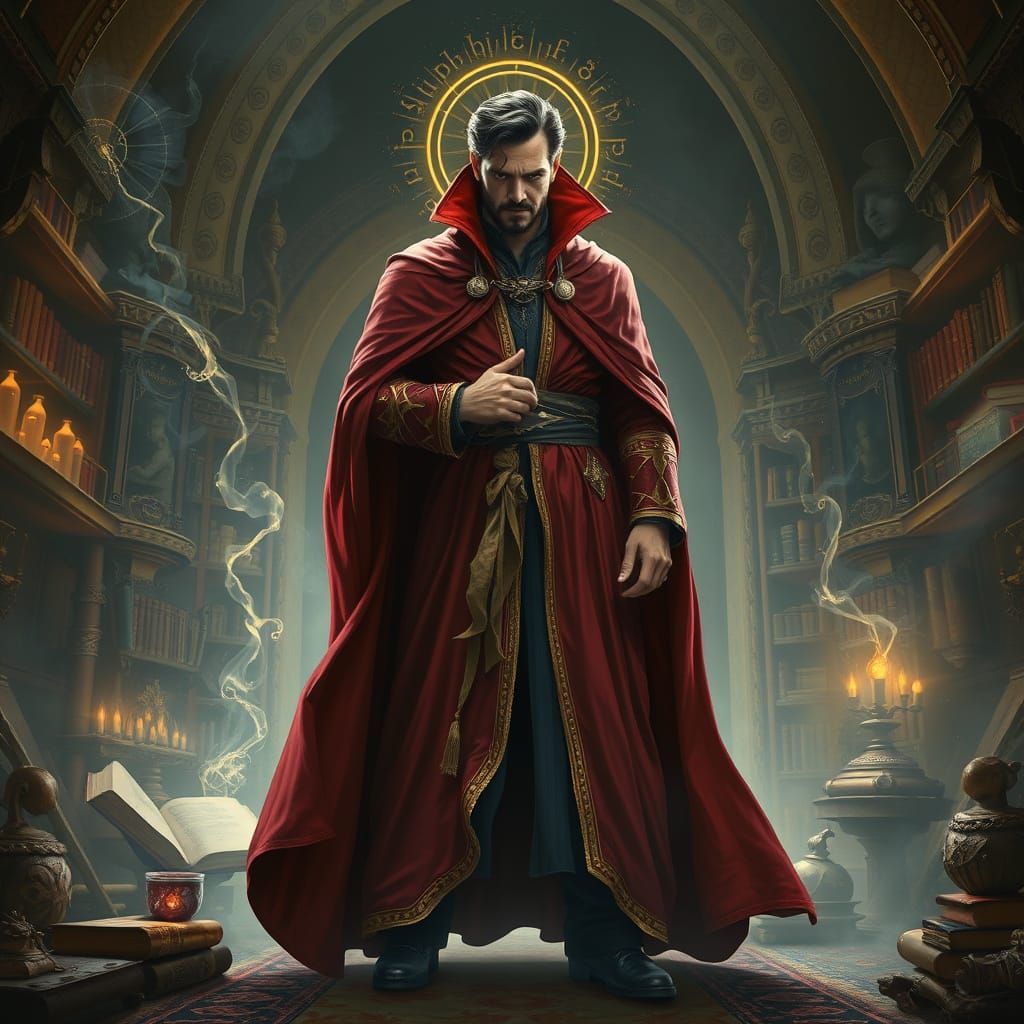 Sorcerer in a Crimson Cloak, Surrounded by Ancient Tomes and...