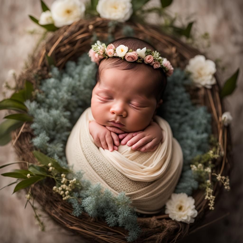 Swaddled Newborn in Nest with Flower Crown