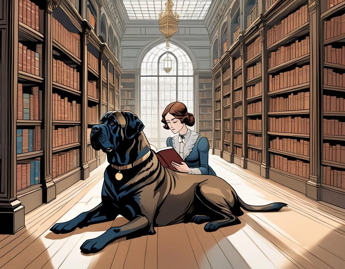 Victorian Woman Reads with Mastiff in Library