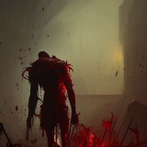 Gross Bloody Meat Man with Blades, Dark Fantasy Art