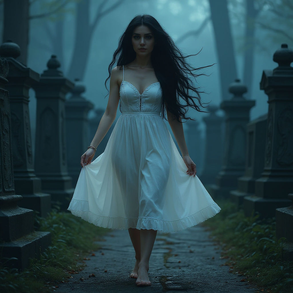 Woman Dancing Barefoot in Gothic Graveyard: Hyperrealistic A...