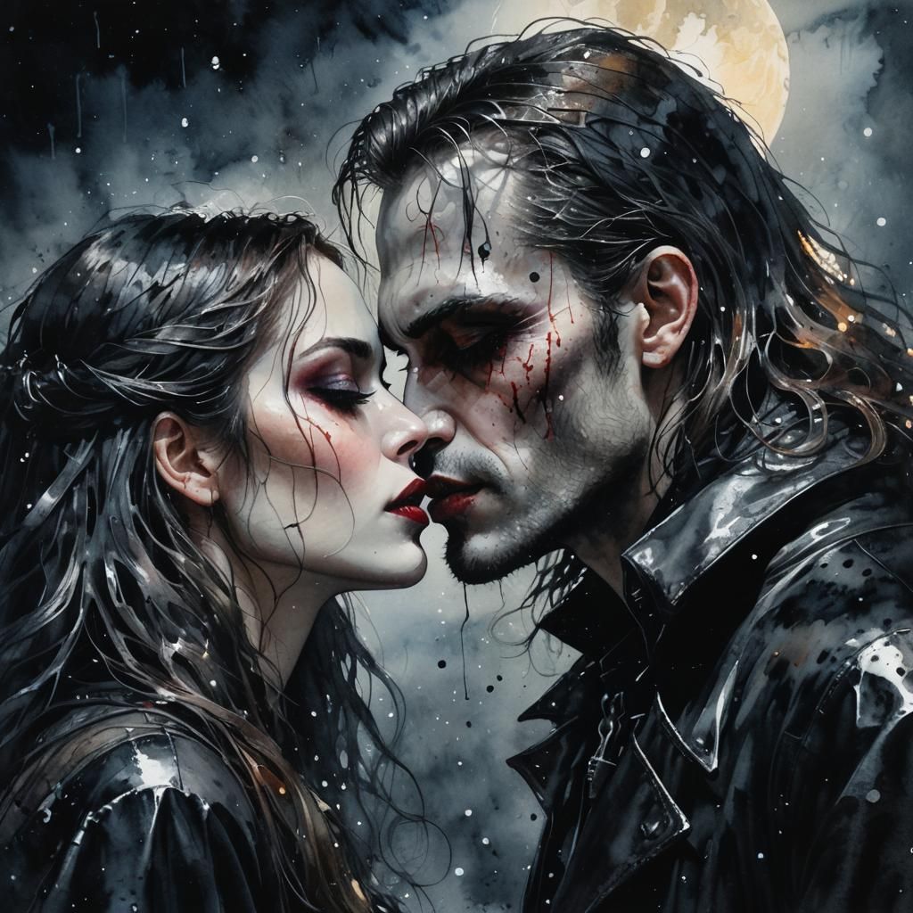 Gothic Vampire Kiss in Watercolor Style