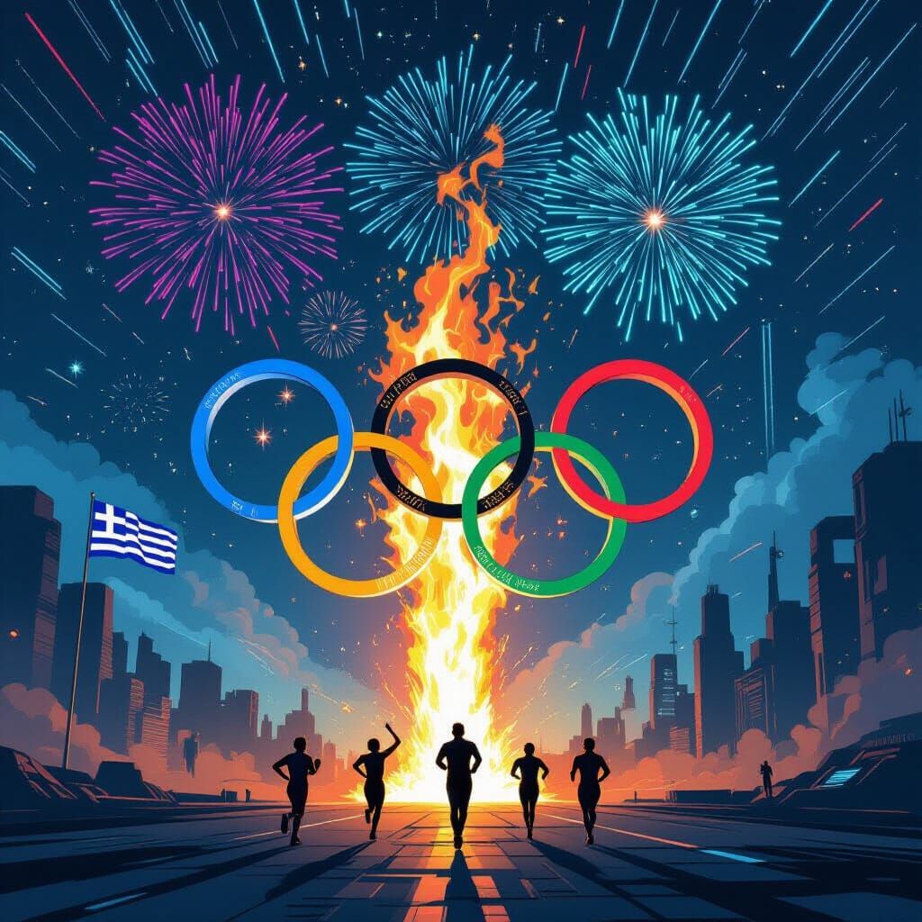Olympic Flame with Fireworks in Futuristic Cyberpunk Style