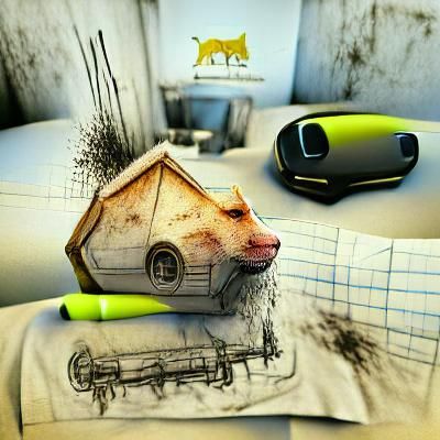 Simple Line Drawing with House, Car and Animals