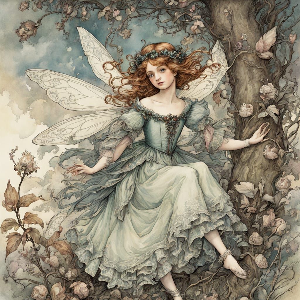 Victorian Fairy Portrait in Arthur Rackham Style