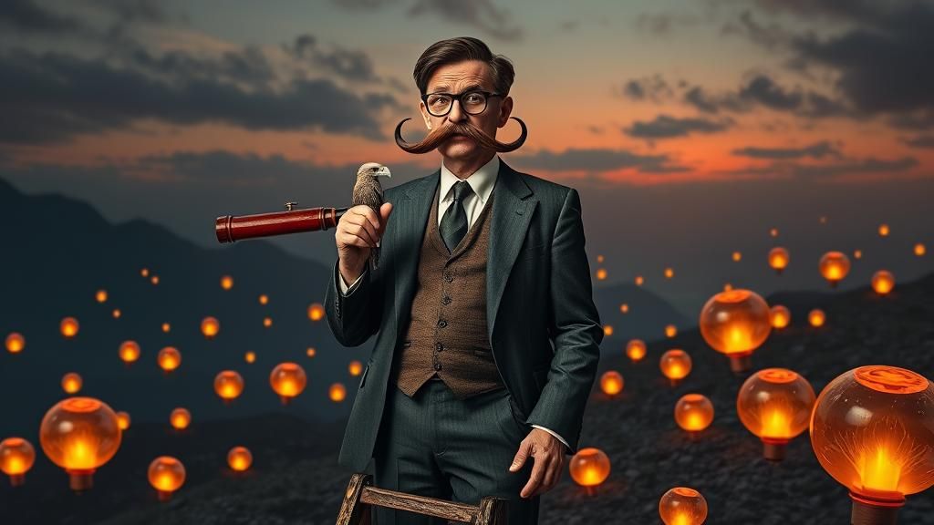 Man with Vultures in Surreal Twilight Landscape