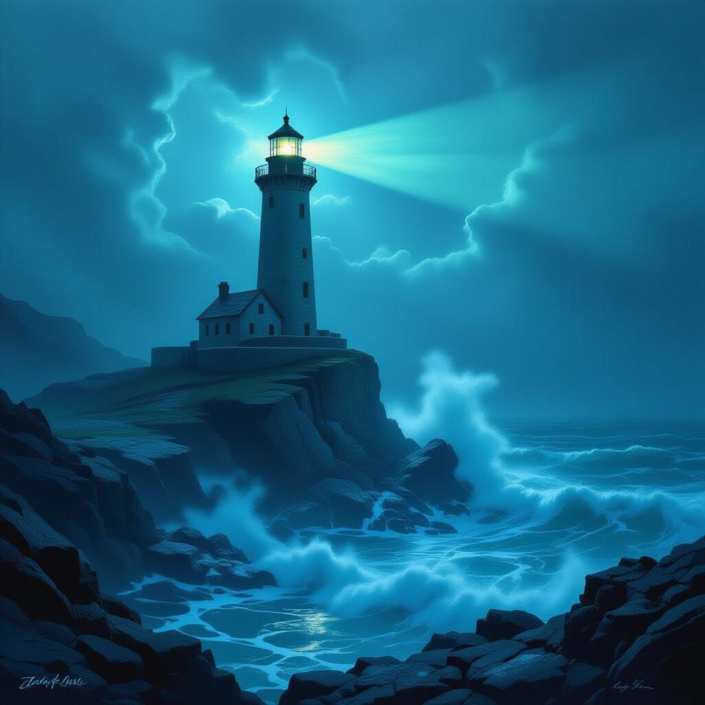 Ancient Lighthouse in Ethereal Mist and Bioluminescent Sea