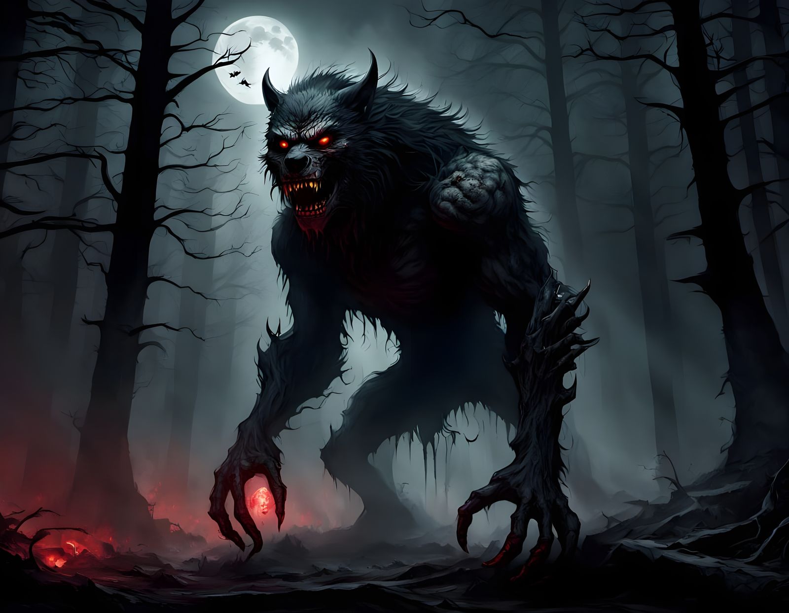 Hulking Werewolf Roaring Under Blood-Red Moon