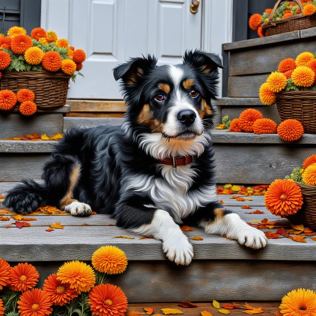 Dog with Autumn Flowers: Hyperrealistic Oil Painting