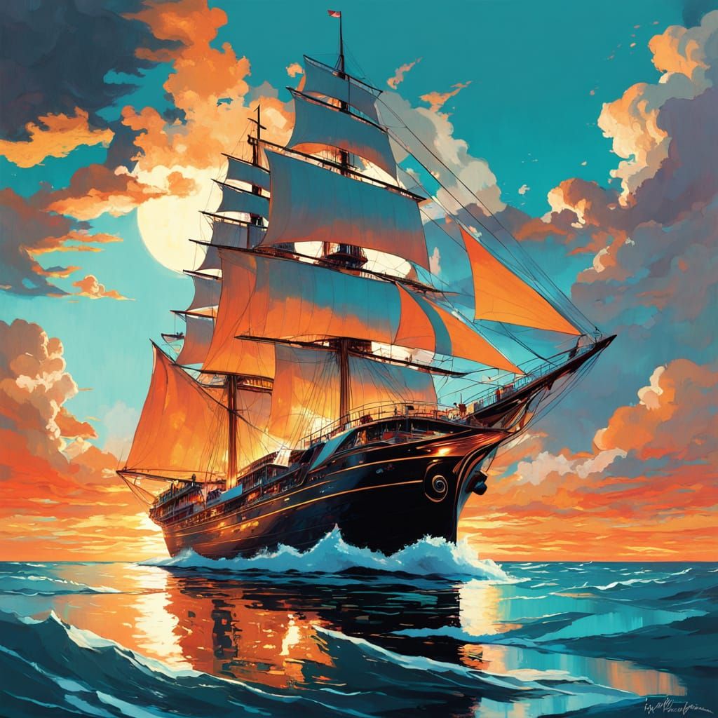 Iridescent Ghost Ship Sails at Sunset
