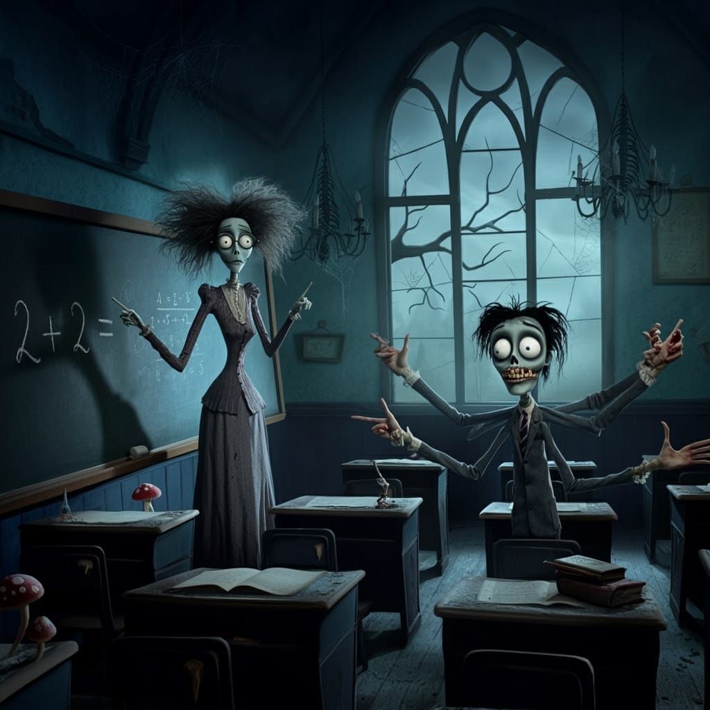 Eerie Zombie Classroom in Tim Burton Style