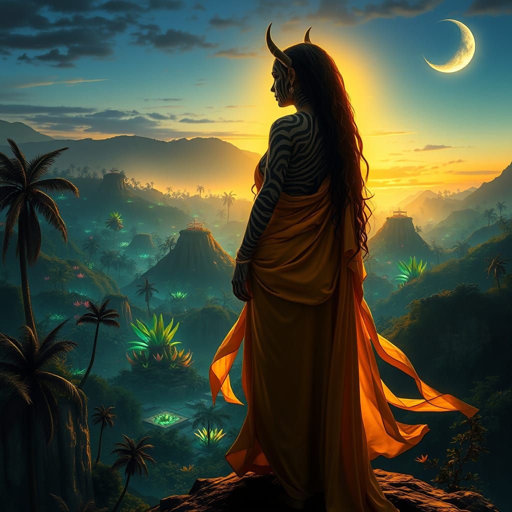 Goddess with Zebra Skin on Cliff Overlooking Bioluminescent ...