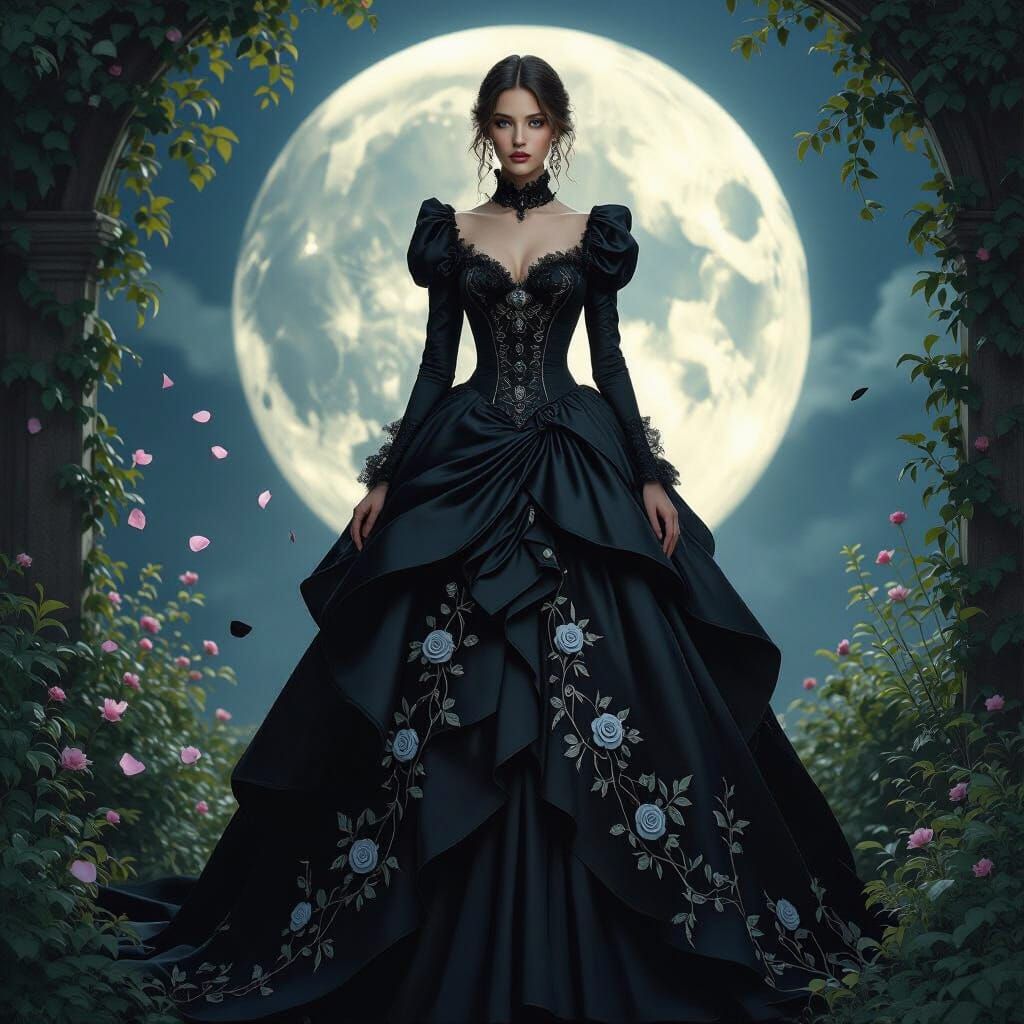 Victorian Gown in Moonlit Garden, Pre-Raphaelite Style