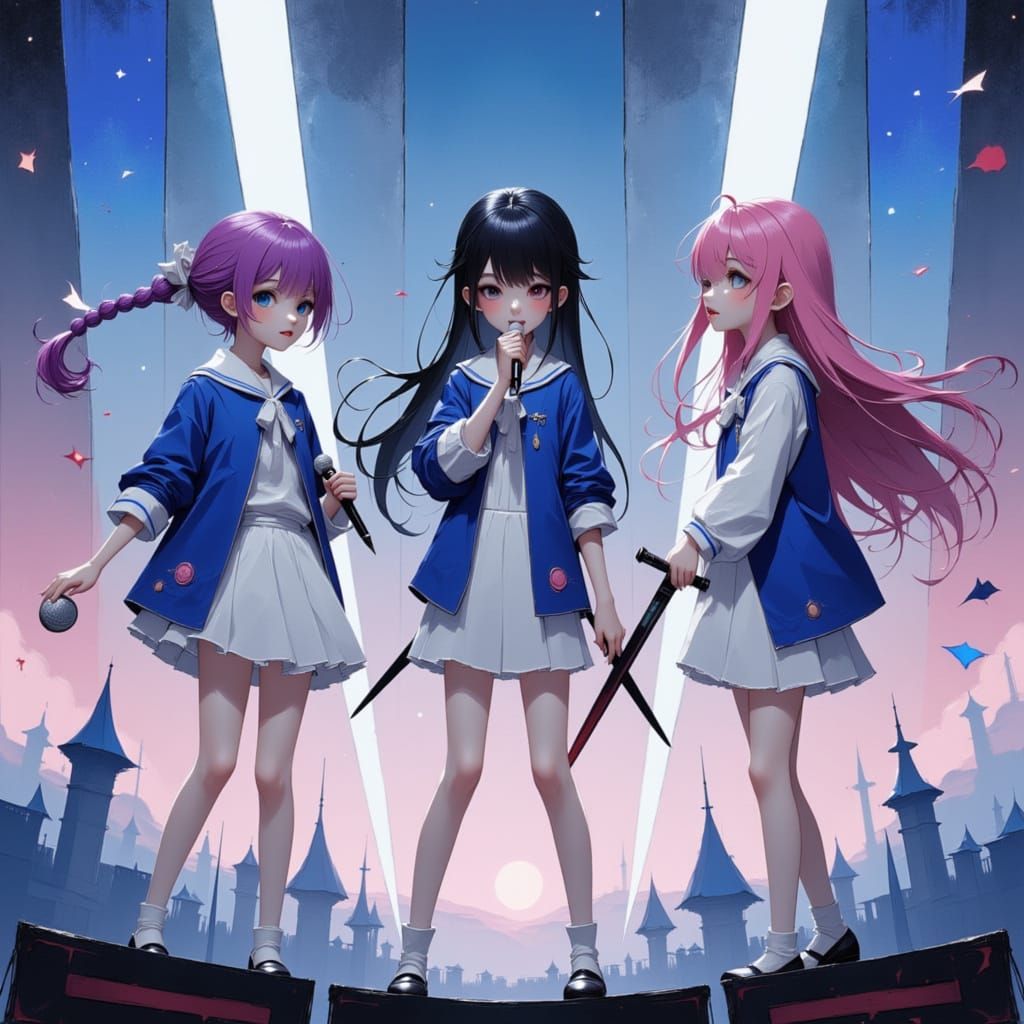 Anime Girls Perform on Stage with Microphones and Swords
