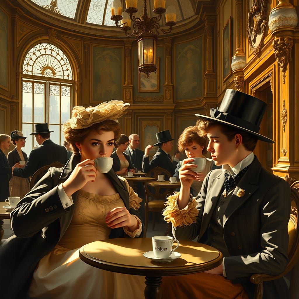 Victorian Coffee House Scene in Oil Painting Style