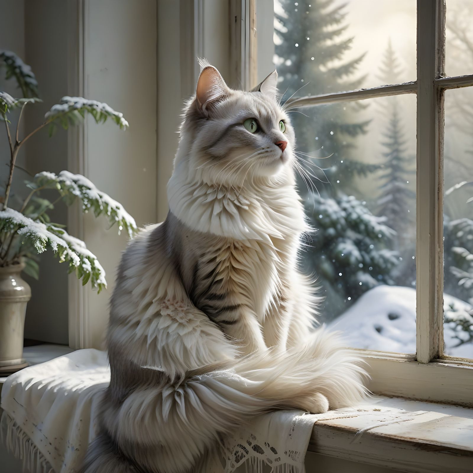 Cat Contemplates Snowy Landscape from Cozy Perch