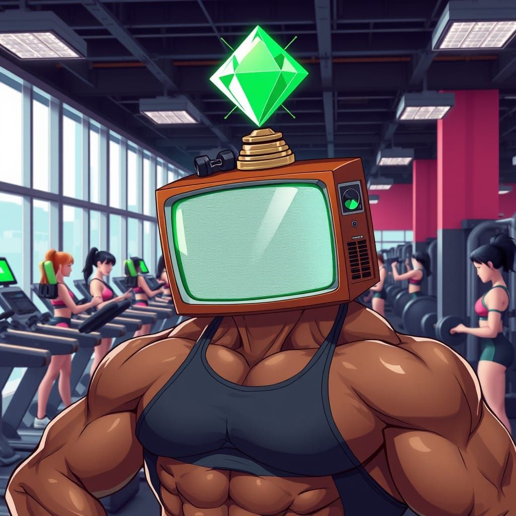 Buff Black Anime Hero Gazing at TVs in Busy Gym