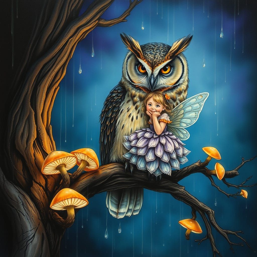 Majestic Barn Owl Guards Whimsical Forest Fairy in Enchanted...