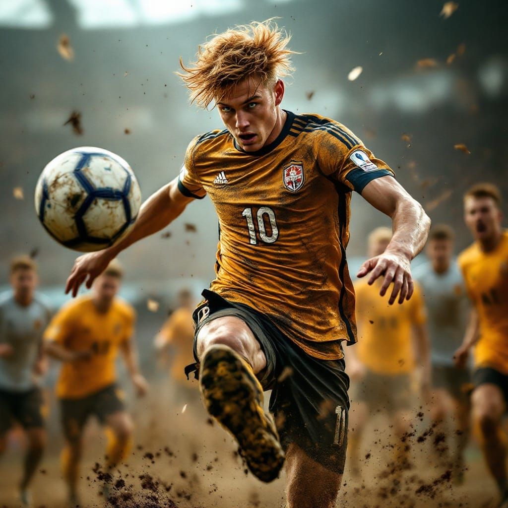 Chiseled Athlete Kicks Soccer Ball with Intense Power in Pho...