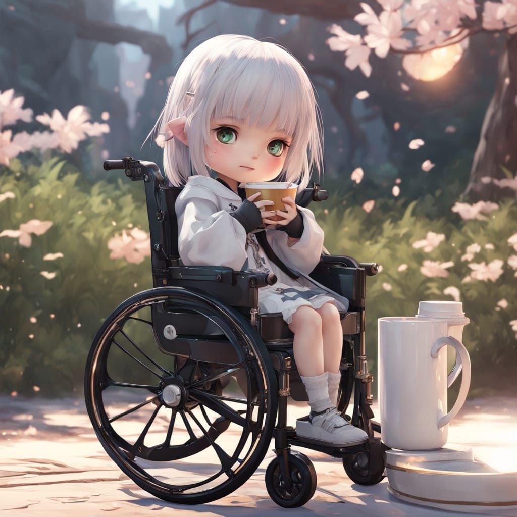 Anime-Inspired 3D Doll with Coffee in Wheelchair