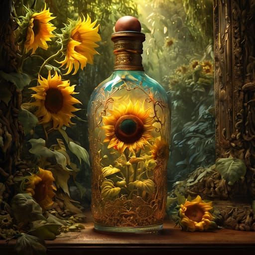 Golden Sunflowers in Filigree Glass Bottle