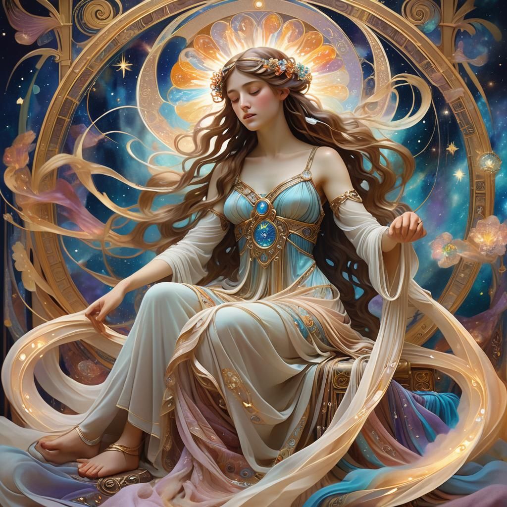 Athena Weaves Starlight Tapestry in Art Nouveau Style