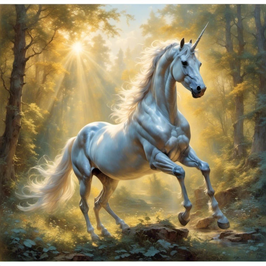 Opalescent Unicorn in Golden Glade, Pastel Watercolours